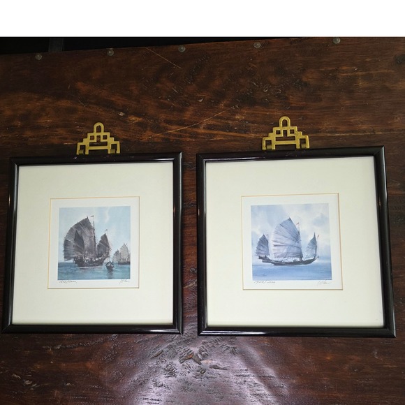 Other - P Chan Signed Limited Edition Chinese Junk Ship Prints Pair Framed Nautical Art